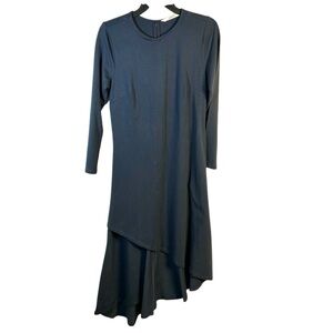 Zappelle Dress Womens M 8 Blue Asymmetric Midi Pockets Zip Back Cotton Stretch